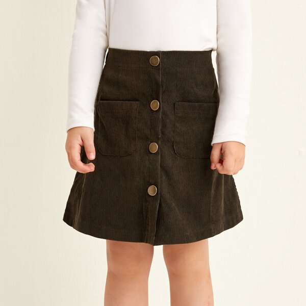 

Toddler Girls Corduroy Button Front Pocket Patched Skirt, Chocolate brown
