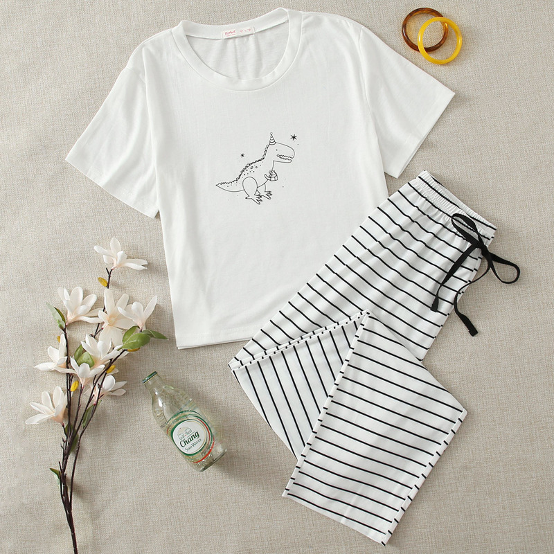 

Dinosaur Print Tee & Stripe Pants PJ Set, White