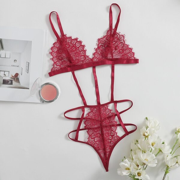

Floral Lace Cut-out Thong Teddy Bodysuit, Rose red