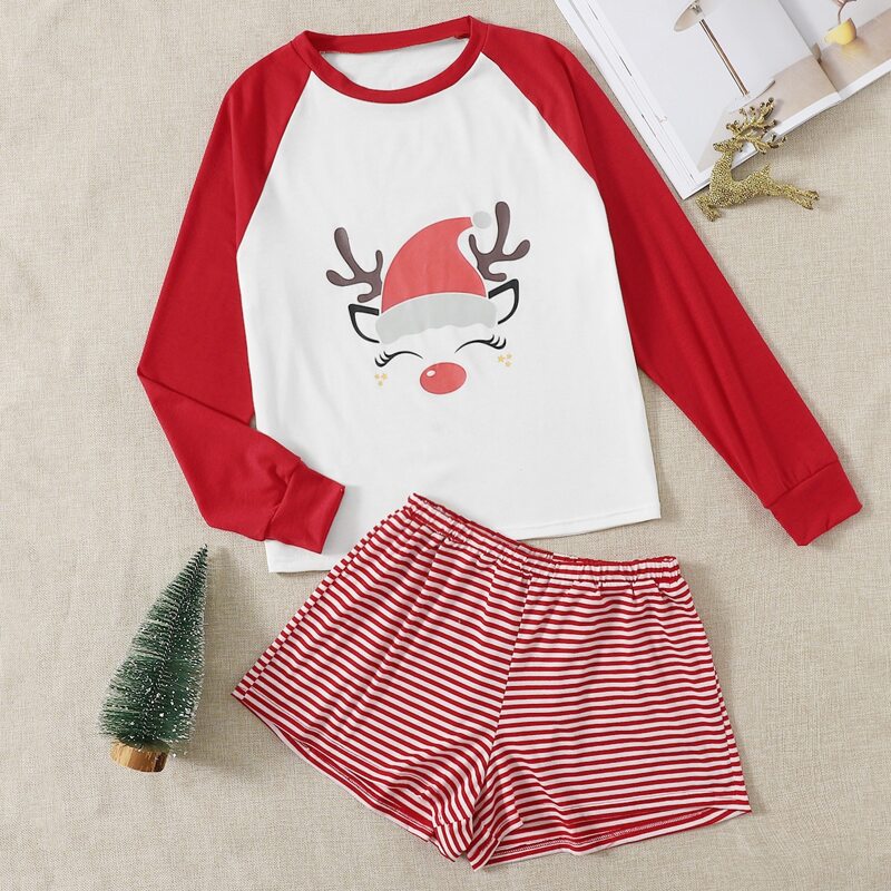 

Christmas Fawn & Stripe Graphic PJ Set, Red and white