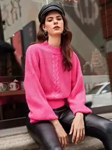 SHEIN Neon Pink Drop Shoulder Jumper - Hot Pink - View 1