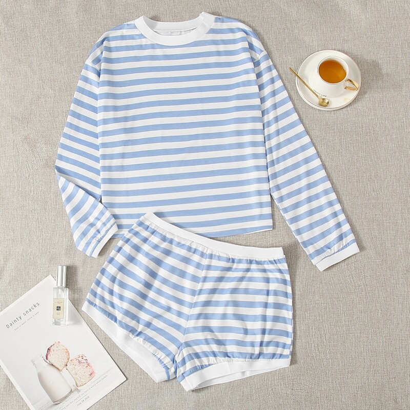 

Stripe Tee & Shorts PJ Set, Blue and white