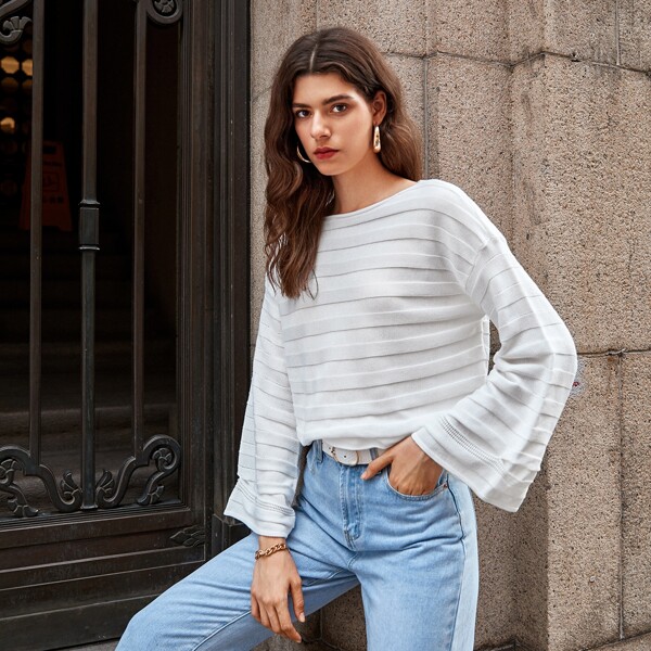 

Drop Shoulder Rib-knit Sweater, White