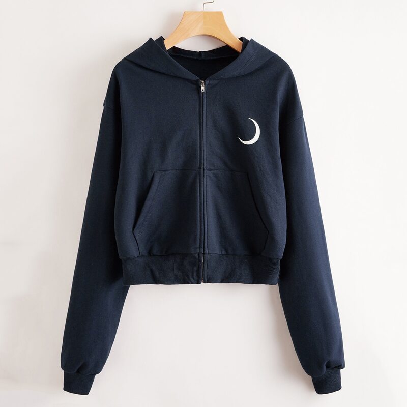 

Moon Graphic Zip Up Hoodie, Navy blue