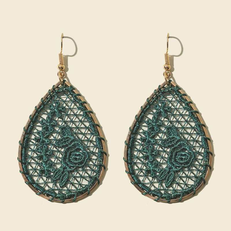 

Flower Embroidered Drop Earrings, Green