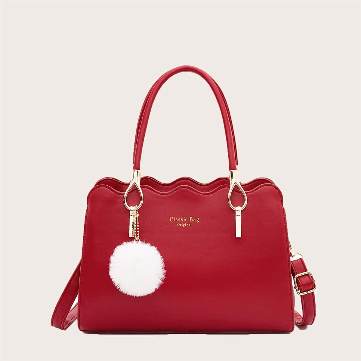 

Pom Pom Decor Letter Graphic Shoulder Bag, Red