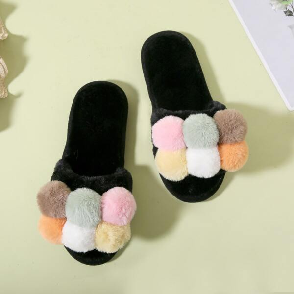 

Colorful Pom-pom Decor Fluffy Slippers, Black