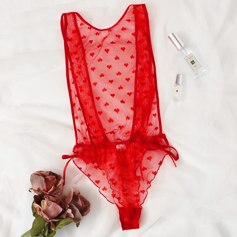 

Heart Print Tie Side Sheer Teddy Bodysuit, Red