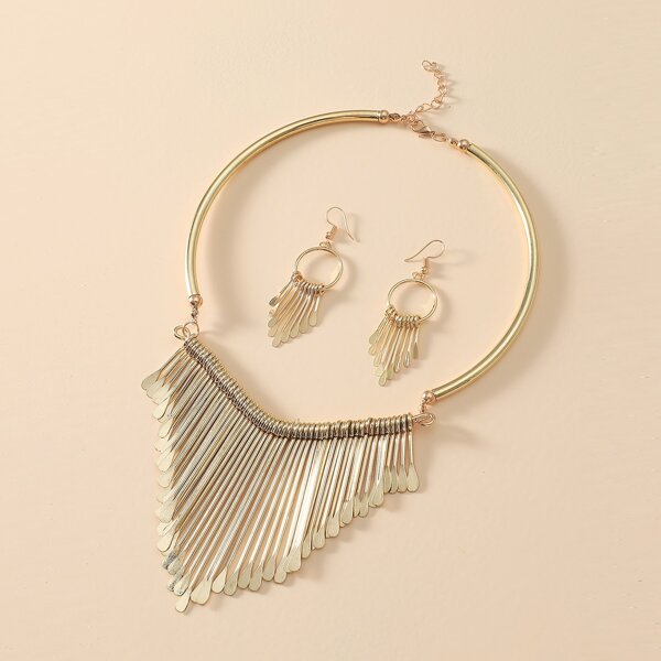 

1pc Metal Tassel Decor Necklace & 1pair Drop Earrings, Gold