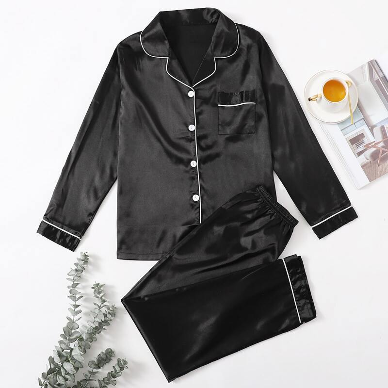 

Contrast Piping Satin PJ Set, Black