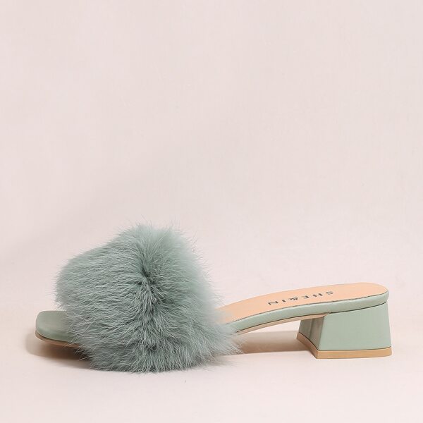 

Faux Fur Decor Chunky Heeled Sandals, Green