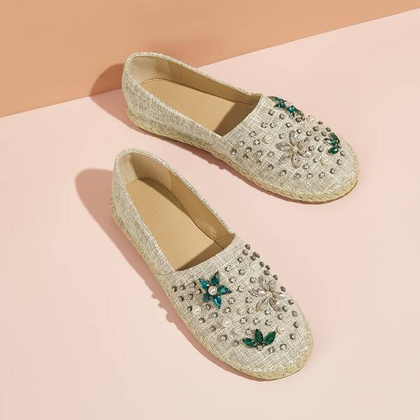 

Faux Pearl & Gemstone Decor Espadrille Flats, Grey