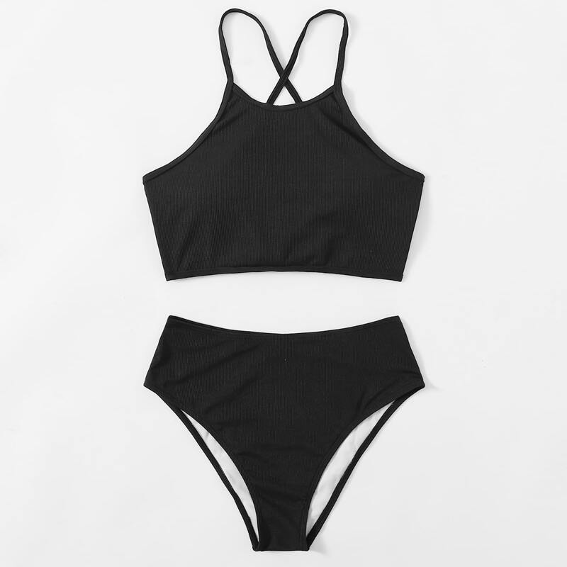 

Rib High Waisted Bikini Swimsuit, Black