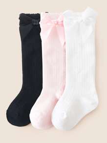 3雙純棉女童幼兒蝴蝶結素色高筒襪 校園風長襪 - 彩色 - 查看 3
