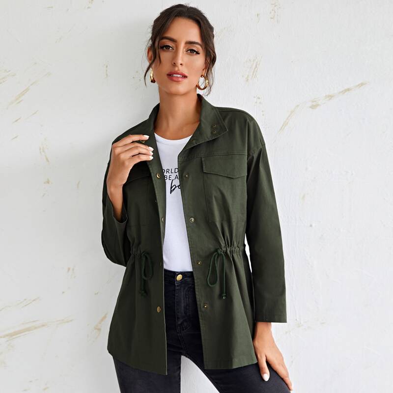 

Flap Pockets Drawstring Overshirt, Army green