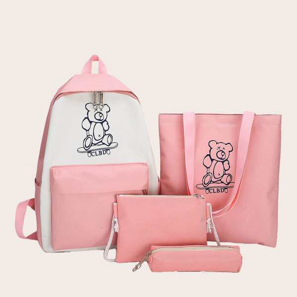

4pcs Girls Cartoon Graphic Backpack Set, Pink