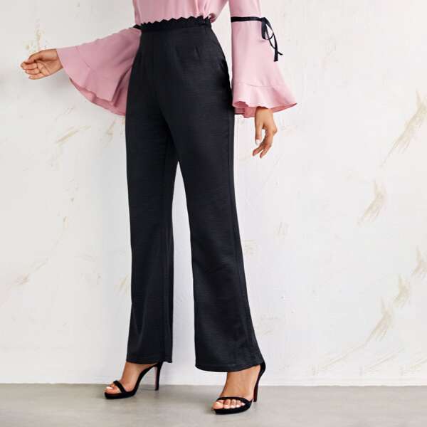 

Contrast Lace Waist Flare Leg Pants, Black