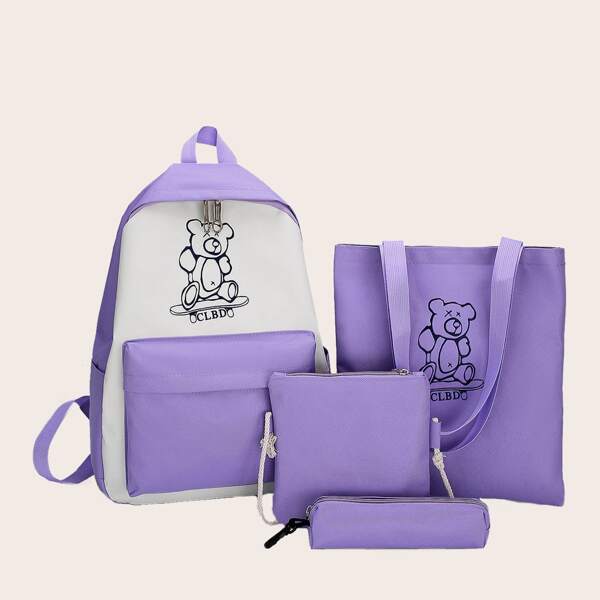 

4pcs Girls Cartoon Graphic Backpack Set, Purple