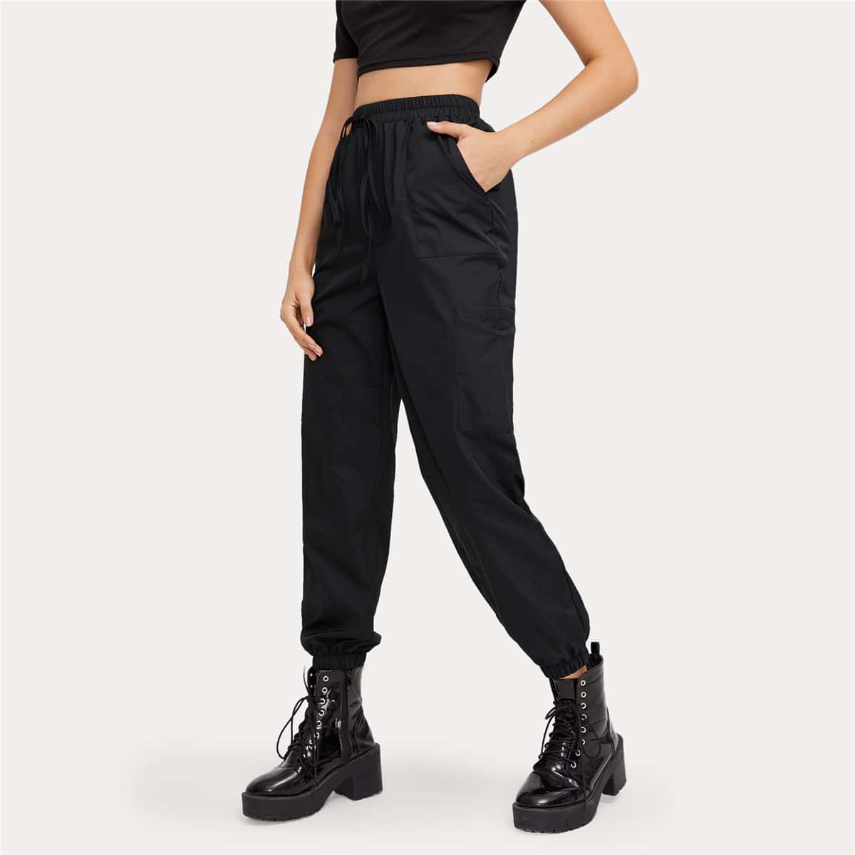 

Solid Drawstring Cargo Pants, Black