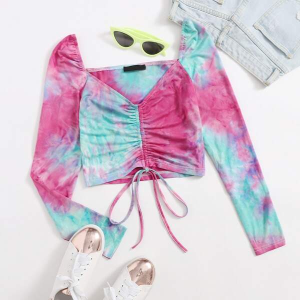 

Sweetheart Neck Drawstring Knot Front Tie Dye Top, Multicolor