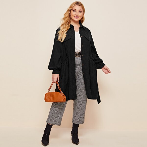 

Plus Flap Detail Self Belted Single Breasted Cord Coat, Black