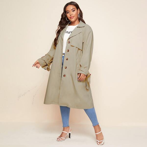 

Plus Single Breasted Belted Trench Coat, Khaki