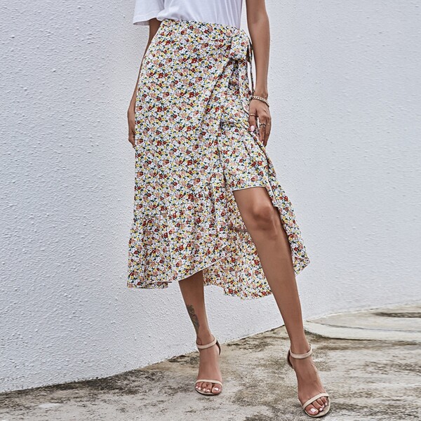 

All Over Floral Print Knot Side Ruffle Hem Wrap Skirt, Multicolor