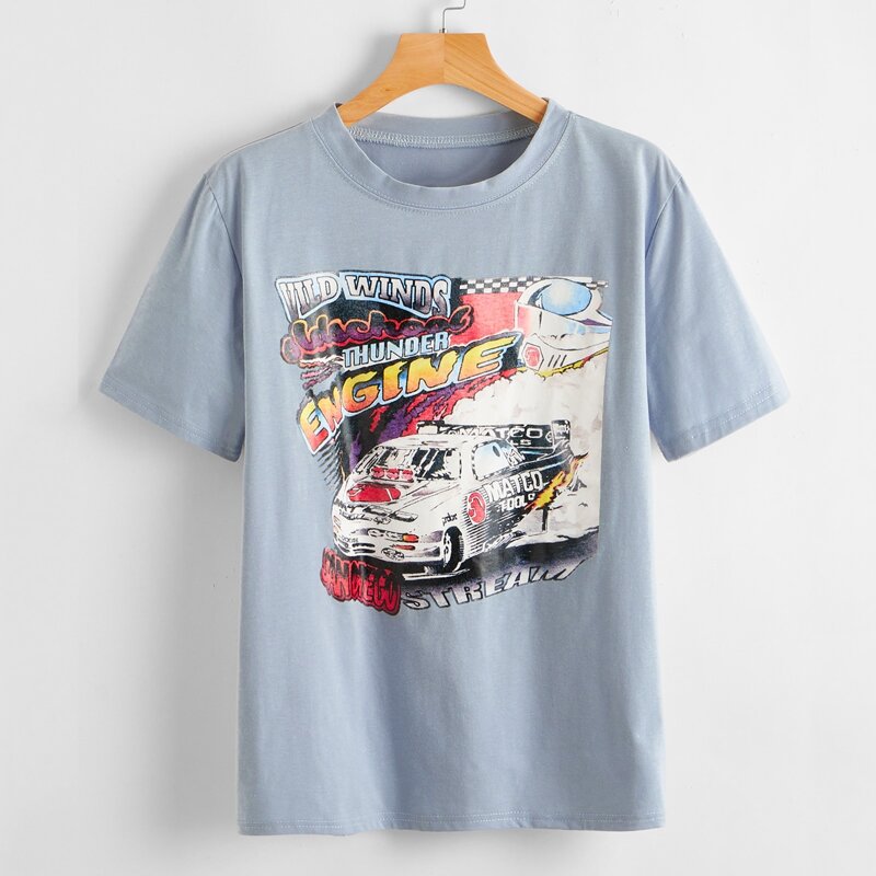 

Car & Letter Graphic Tee, Dusty blue