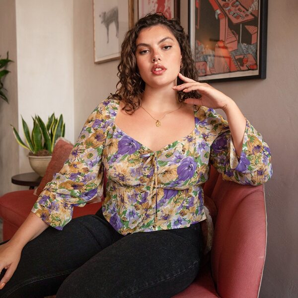 

Plus Allover Floral Knot Front Milkmaid Top, Multicolor