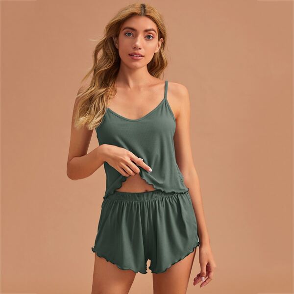 

Ribbed Lettuce Trim Cami PJ Set, Dark green
