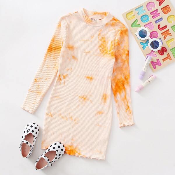 

Girls Lettuce Trim Rib-knit Tie Dye Dress, Orange