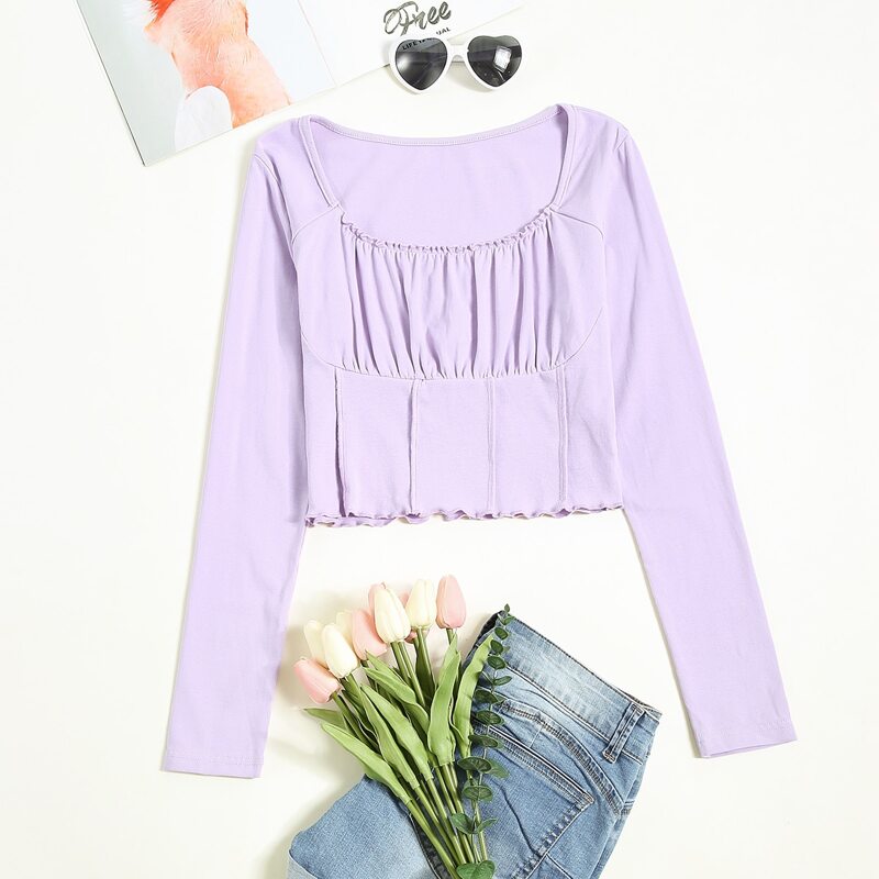 

Ruched Bust Lettuce Trim Tee, Lilac purple