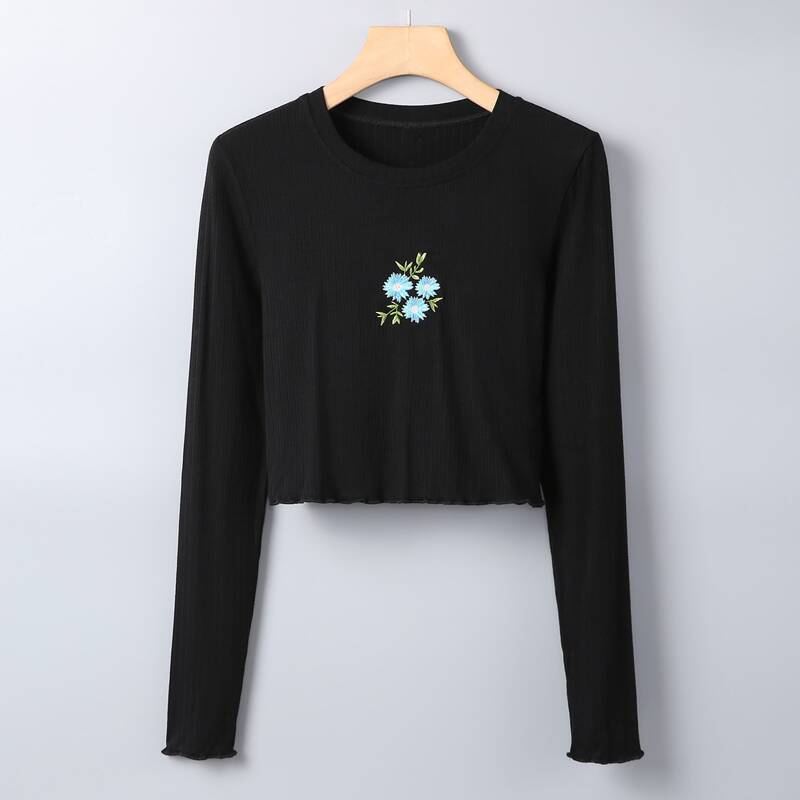 

Floral Embroidery Tee, Black