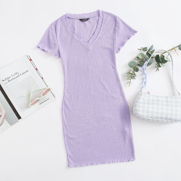 

Plus Lettuce Trim Rib-knit Dress, Pastel lilac purple