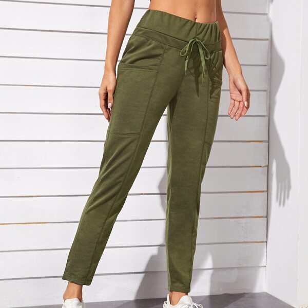 

Pocket Side Knot Front Sports Pants, Army green
