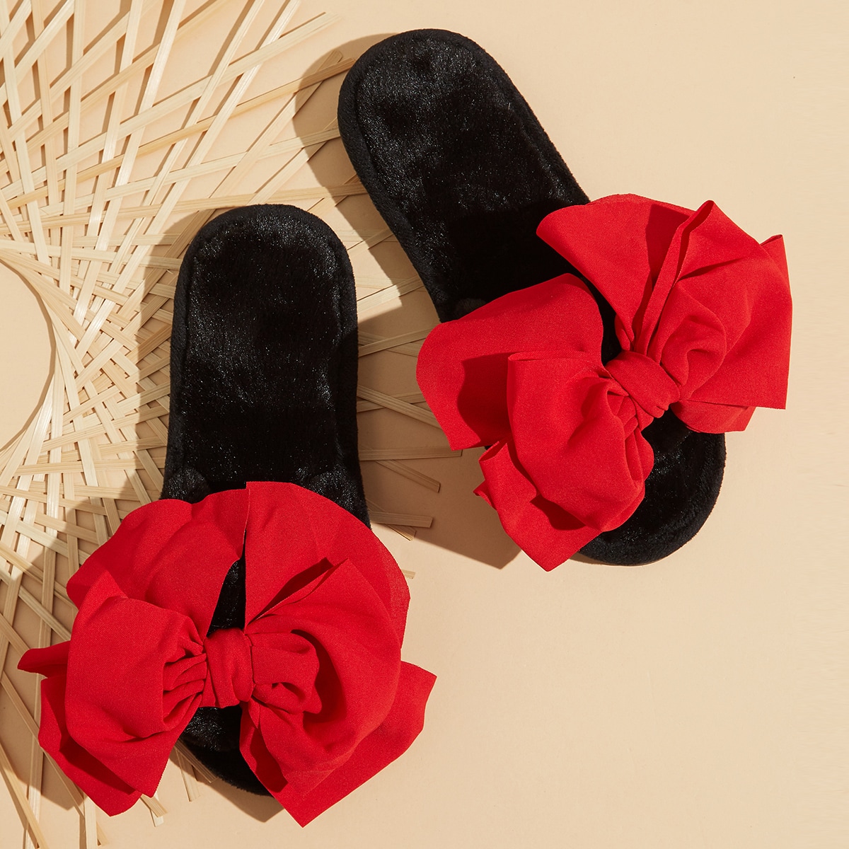 Image of Bow Decor Open Toe Fuzzy Slippers