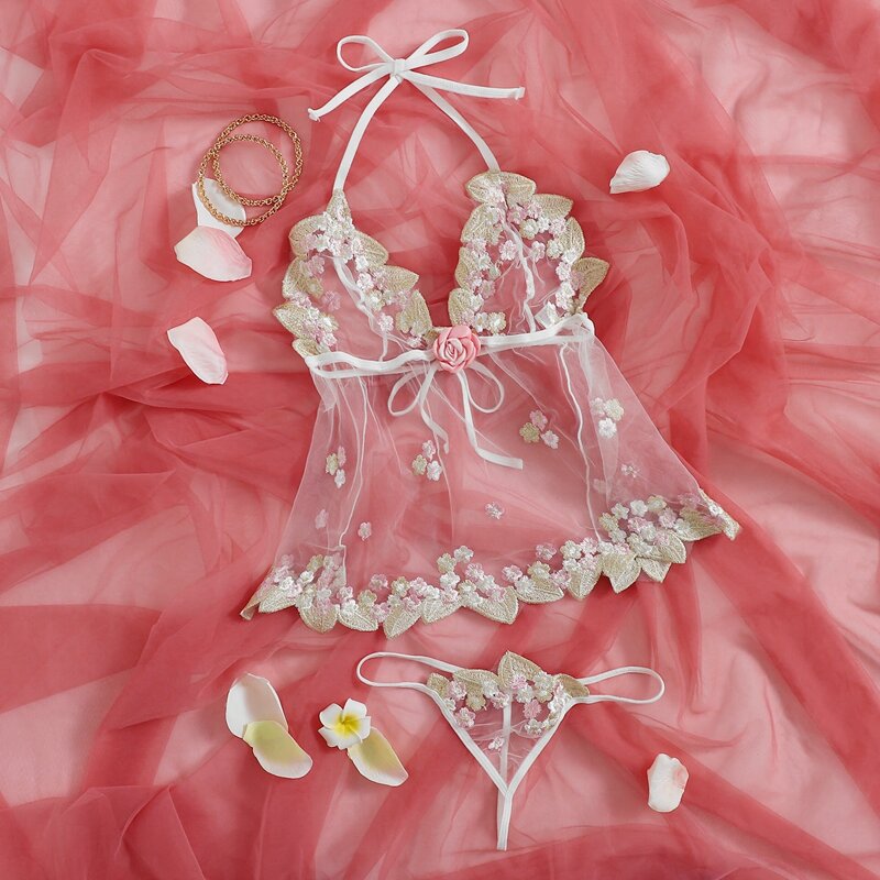 

Floral Embroidered Mesh Halter Dress & Thong, Multicolor