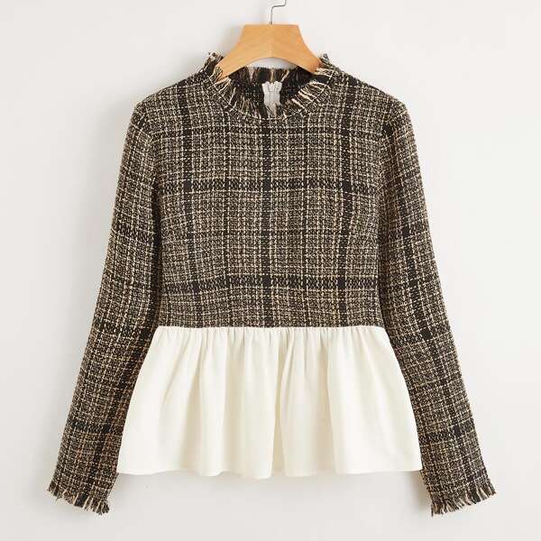 

Raw Trim Tweed Peplum Top, Multicolor