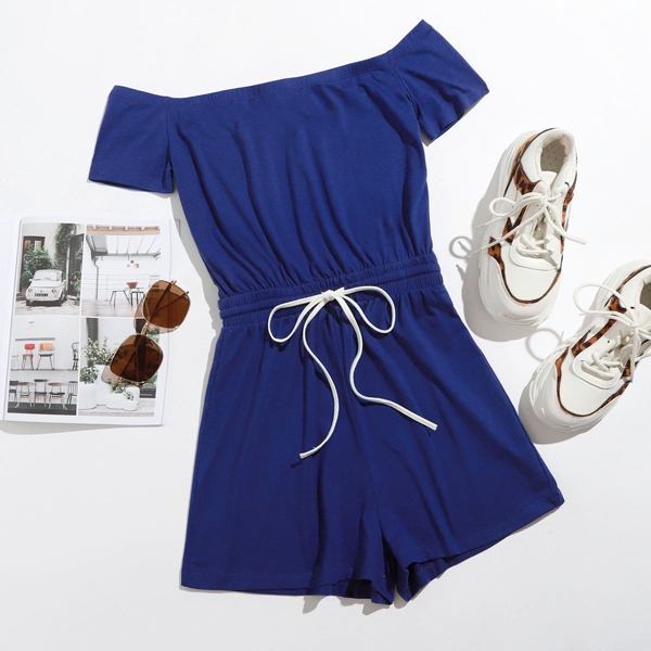 

Off Shoulder Drawstring Waist Romper, Royal blue
