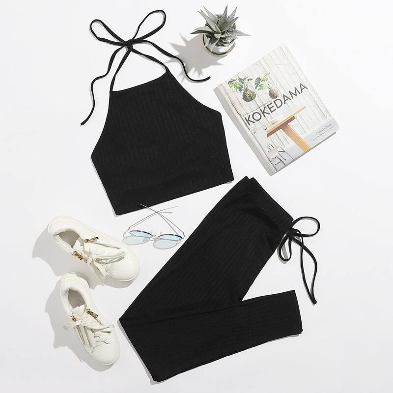 

Tie Back Rib-knit Halter Top & Leggings Set, Black