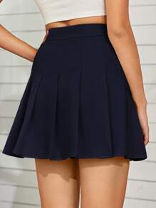 SHEIN Qutie Box Pleated Mini Skater Skirt - Navy Blue - View 2