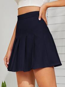 SHEIN Qutie Box Pleated Mini Skater Skirt - Navy Blue - View 3