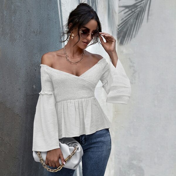 

Bell Sleeve Shirred Bardot Top, White