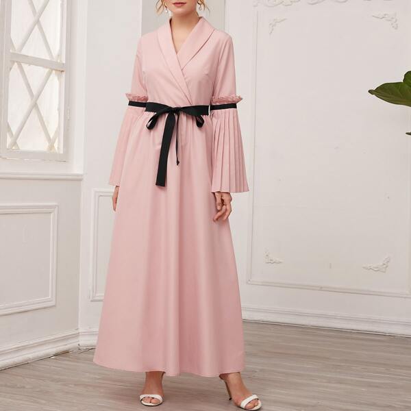 

Shawl Collar Pleated Sleeve Dress With Belt, Baby pink
