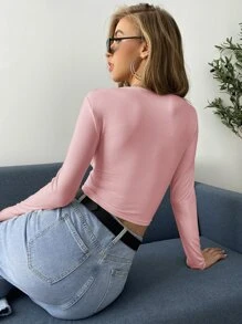 SHEIN Privé Áo thun Nếp gấp Phần Ngực màu trơn Giải trí - Màu Hồng baby - Xem 2