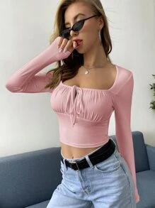 SHEIN Privé Áo thun Nếp gấp Phần Ngực màu trơn Giải trí - Màu Hồng baby - Xem 3
