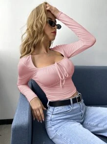 SHEIN Privé Áo thun Nếp gấp Phần Ngực màu trơn Giải trí - Màu Hồng baby - Xem 4