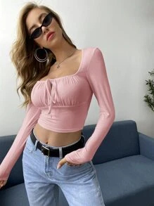 SHEIN Privé Áo thun Nếp gấp Phần Ngực màu trơn Giải trí - Màu Hồng baby - Xem 5