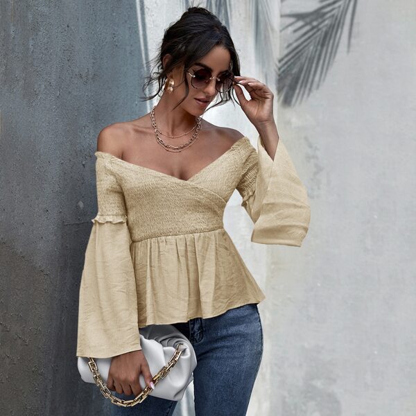 

Bell Sleeve Shirred Bardot Top, Khaki