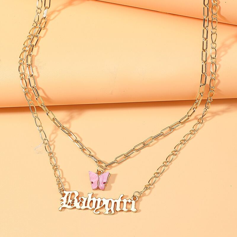 Butterfly & Letter Chain Necklace, Gold